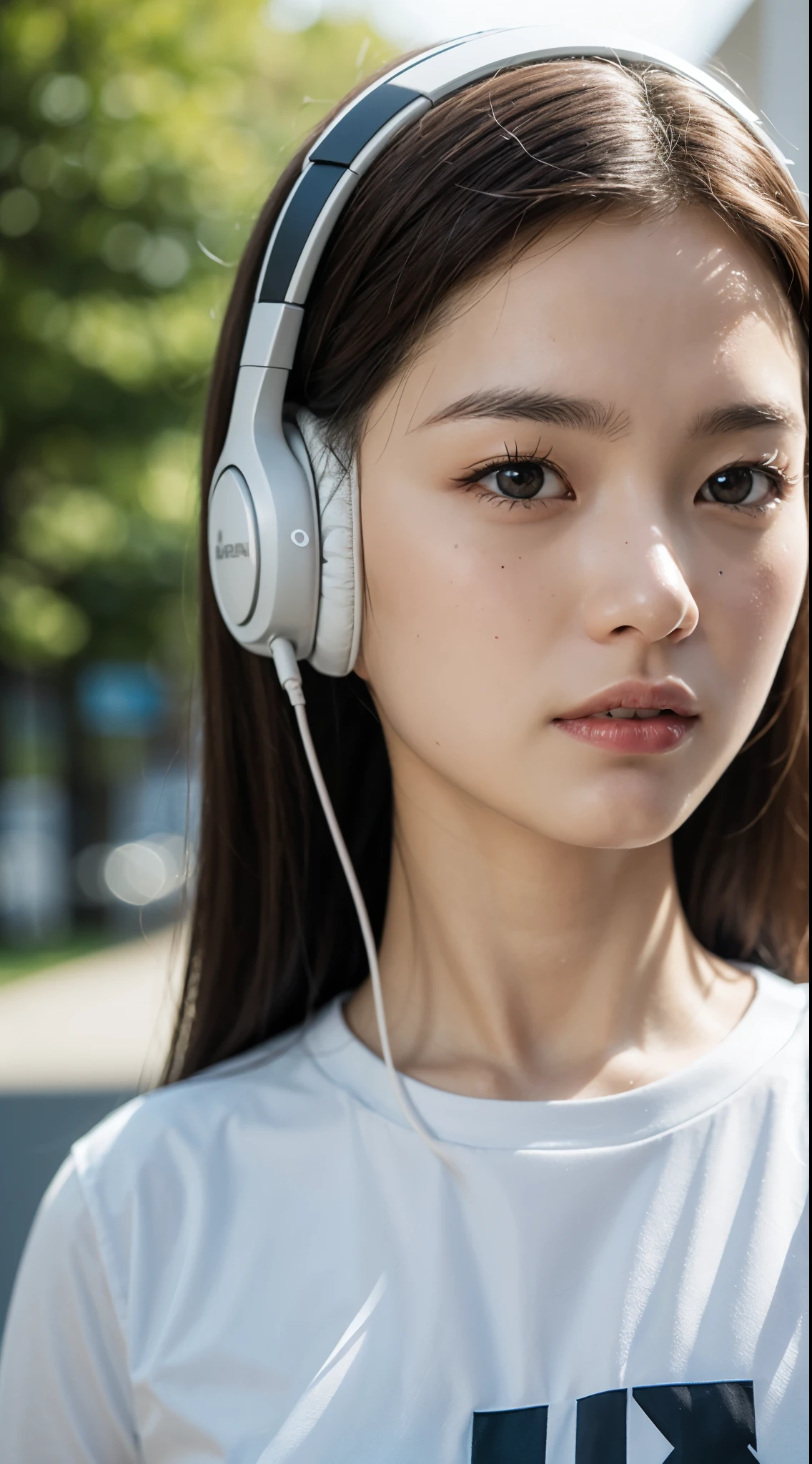 32k, best quality, masterpiece, realistic, ultra detail, photography, HDR, ROW photo, high res, absurd res, smoother light, official art, depth of field, brightening light,
close-up, slender, finely detailed face, angry, beautiful details eyes, hearing music with headphones, 19years old Korean, pretty, best quality real texture skin,
t-shirts,