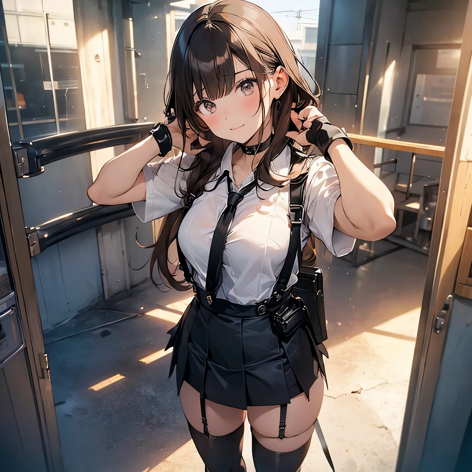 Brown hair、watching at viewers black suspenders Bulging big breasts walls: Black miniskirt garters Gaze Small face bangss holster Beautuful Women hands up レッグholster ベッドに横たわる Gaze black boots panty shot provocation flank flank汗 soio arm