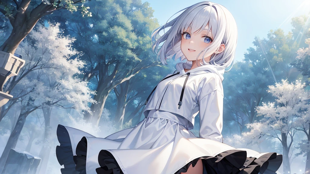 Ultra-high image quality,Look at viewers, hands behind back, girl with, 20 years old, Very short hair, long bangs between eyes, pale blue eyes, Hoodie, Skirt , Extremely detailed,(​masterpiece、top-quality),White hair、A smile、Fantastical, Silver hair, Black eyes,  Hoodie, White hoodie,a black skirt,Hair is short,White jacket, Casual style,Open jacket,  Cowboy Shot、Fluttering hair、a small face、Bright smile、(Detailed face) ,profetional lighting,fantastic landscape,Blue sky, Sunlight,look down from above,portraitures、open open mouth、facing front、fountain in the forest、flower  field