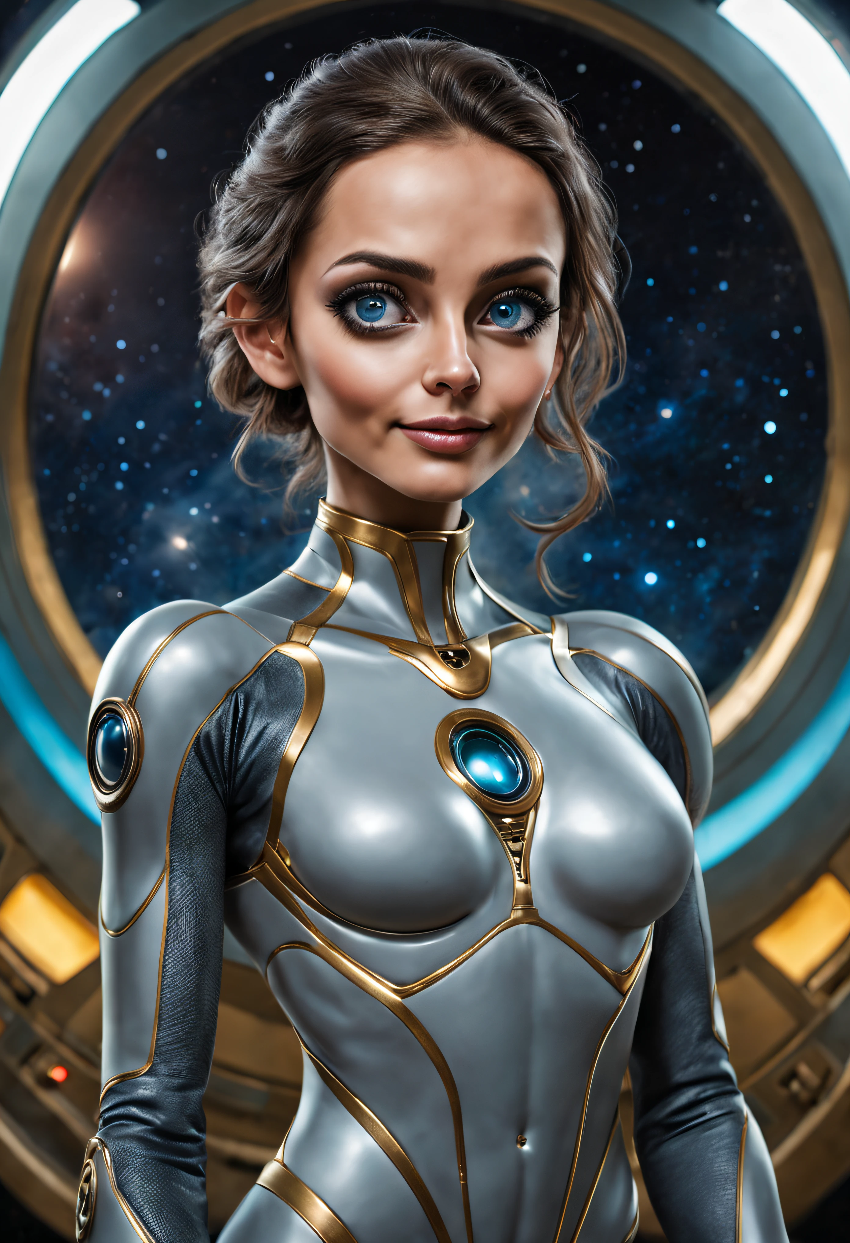 (cuerpo completo), hembra alienigena extraterrestre ((de una especie distinta de la humana, ojos grandes cara agradable, sonriente, piel gris claro, de otro planeta cuerpo escultural atletica y voluptuosa)), vestida de traje de noche corto, engarzado con oro refulgente, priedras preciosas de colores y diamantes, (se encuentra en centro de control de estacion espacial), detalles intrincados de la maquina de alta calidad), estilo cinematografico, nitidez absoluta, imagen 8k.(obra maestra).fondos de pantalla, ultra detallado