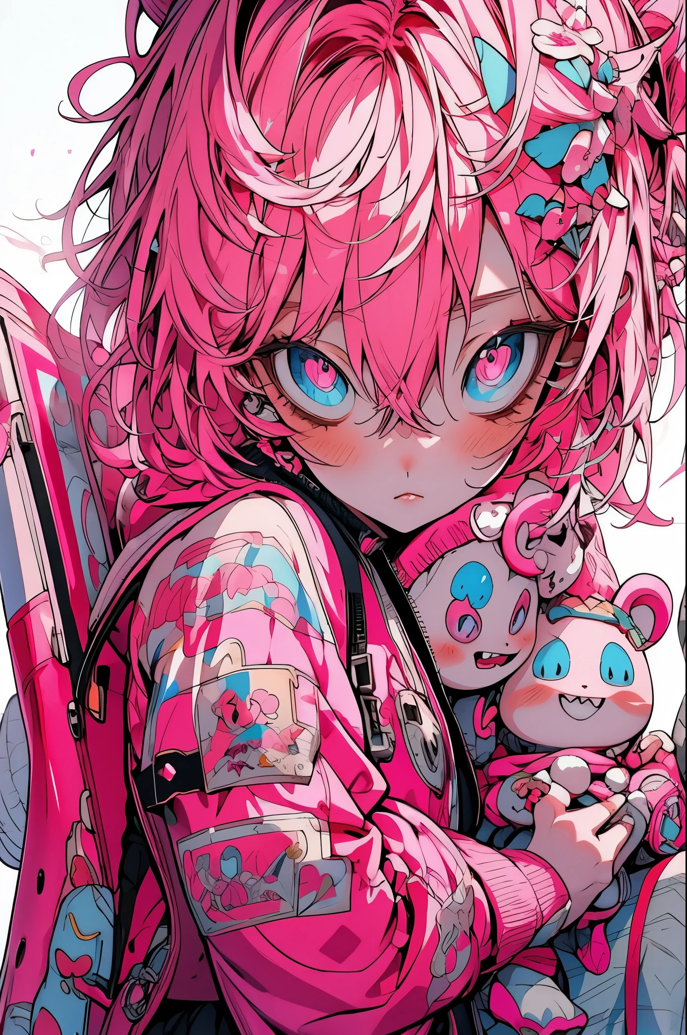 Pink hair and sama々Female anime character pose with facial expressions, detailed anime character art, anime character art, Trending on ArtStation pixiv, anime concept art, Guweiz in Pixiv ArtStation, anime character design, anime figure, guweiz on artstation pixiv, pink twintail hair and cyan eyes, pixiv style, anime style character、White background、