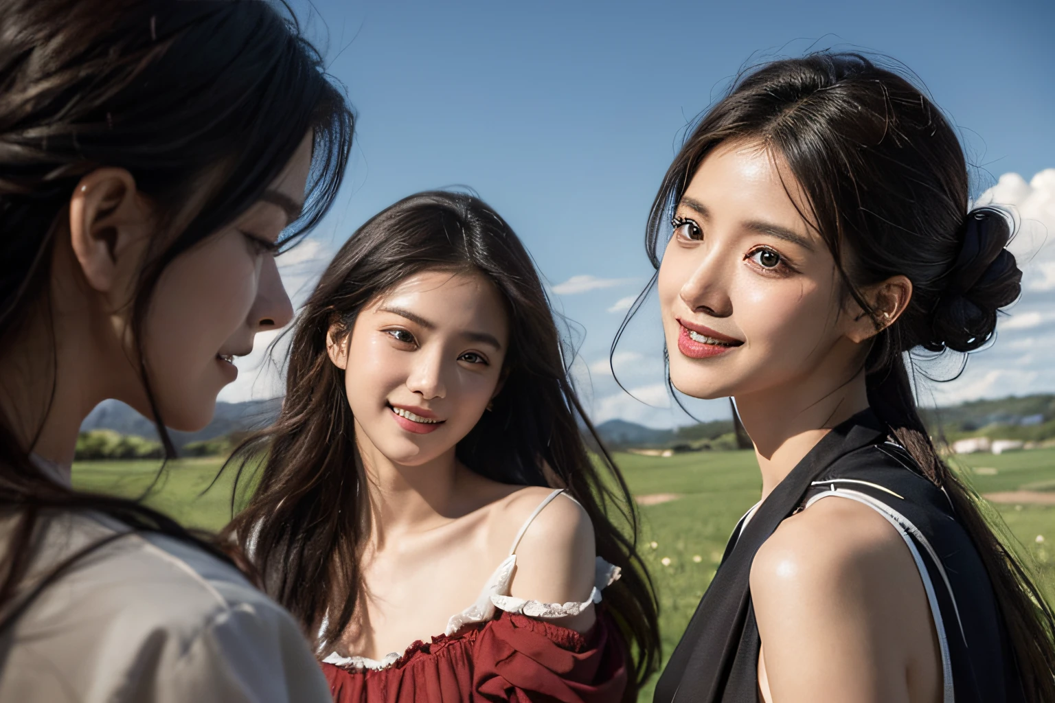 Poussin-style landscape,A smile,,Sweet and seductive appearance.、Caravaggio's paintings、Chiaroscuro of Caravaggio、Hair disheveled in the wind,Two women frolicking,Cute smile, Expression of ecstasy,A sexy,erotick