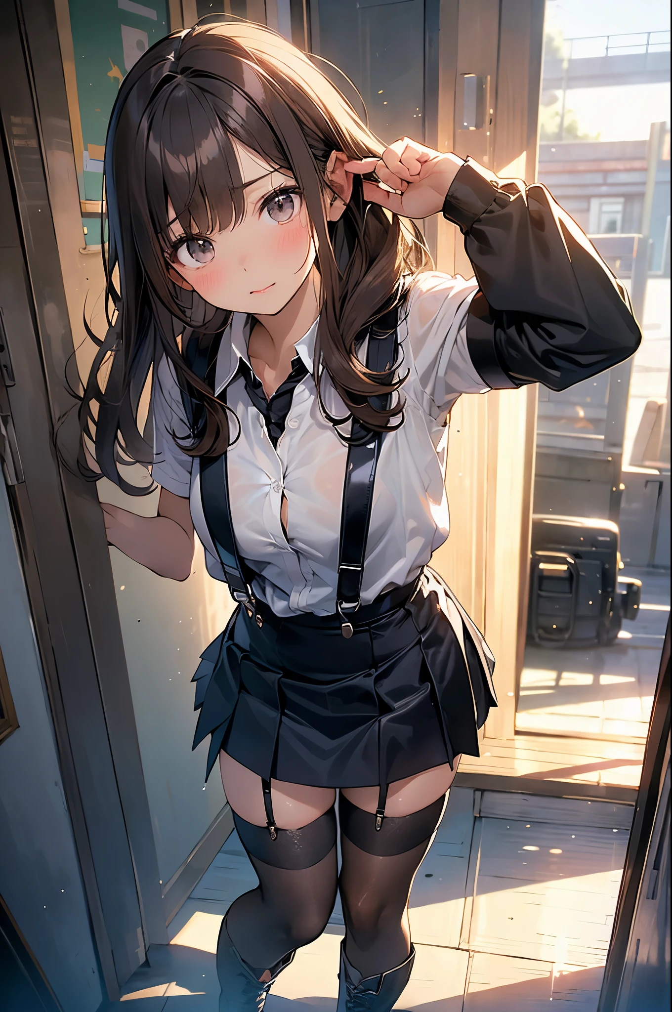 Brown hair、watching at viewers　　　black suspenders　　　Bulging big breasts　　 　 　　　walls: 　Black miniskirt　garters　　　　　　Gaze　　　Small face　bangss 　　　holster　　　Beautuful Women　　hands up　　レッグholster ベッドに横たわる　　Gaze 　black boots panty shot　provocation　flank　flank汗　soio 　arm