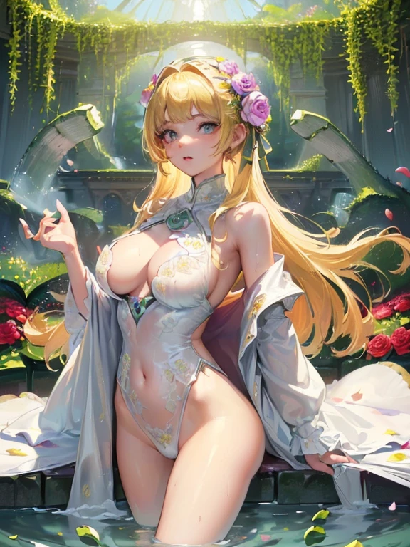 ((Finest quality)),(超A high resolution),(ultra-detailliert),(Meticulous portrayal),((the most picturesque works of art),Ultra-Precision Art,The art of astounding depiction,Fantasyart:1.5, ((Beautiful flowers々:1.5)),((Creeper:1.5)), (Body eroded by flowers:1.3),Glamorous body:1.3,Fancy backgrounds、Fancy effects、masterpiece、Fancy details、(NSFW 1.1), ((1girl in)), ((masutepiece)), ((Highly detailed:1.3)), In crystal clear water,beautiful woman taking a bath, ((Very long blonde hair)), Wet hair, Wearing a light bathrobe, clothed bathing, steam, (Rose petals floating in water:1.3), Early morning light, Dynamic Pose, Dynamic Angle,Ivory Gold AI, windows, Crepscular lighting, Looking here、Torn underwear almost like a scrap、Soft big、Crotch wide open、You can see the shape of the tips of the、areola showing through、The pubic area can be seen through clearly.、Are sleeping、princess carry,