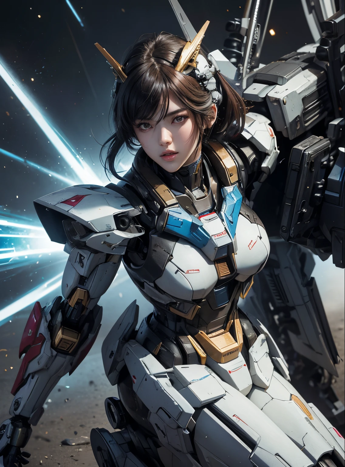 Textured skin, Super Detail, high details, High quality, Best Quality, hight resolution, 1080p, hard disk, Beautiful,(Gundam),beautiful cyborg woman,Mecha Cyborg Girl,Battle Mode,Girl with a Mecha Body,彼女は未来的なGundamメカを身に着けています,Fulll body Shot