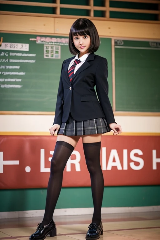 Beautiful girl is in the school classroom. uniform with red tie Dark blue closed blazer Blue plaid miniskirt. 16 years old. Short brown hair with waves on the side. The best smile I see your beautiful thighs, knees, random poses, beautiful girl, slim girl. I&#39;m sitting with my legs spread open on the table in the classroom. My skin is beautiful, wearing cute sneakers. Natural makeup