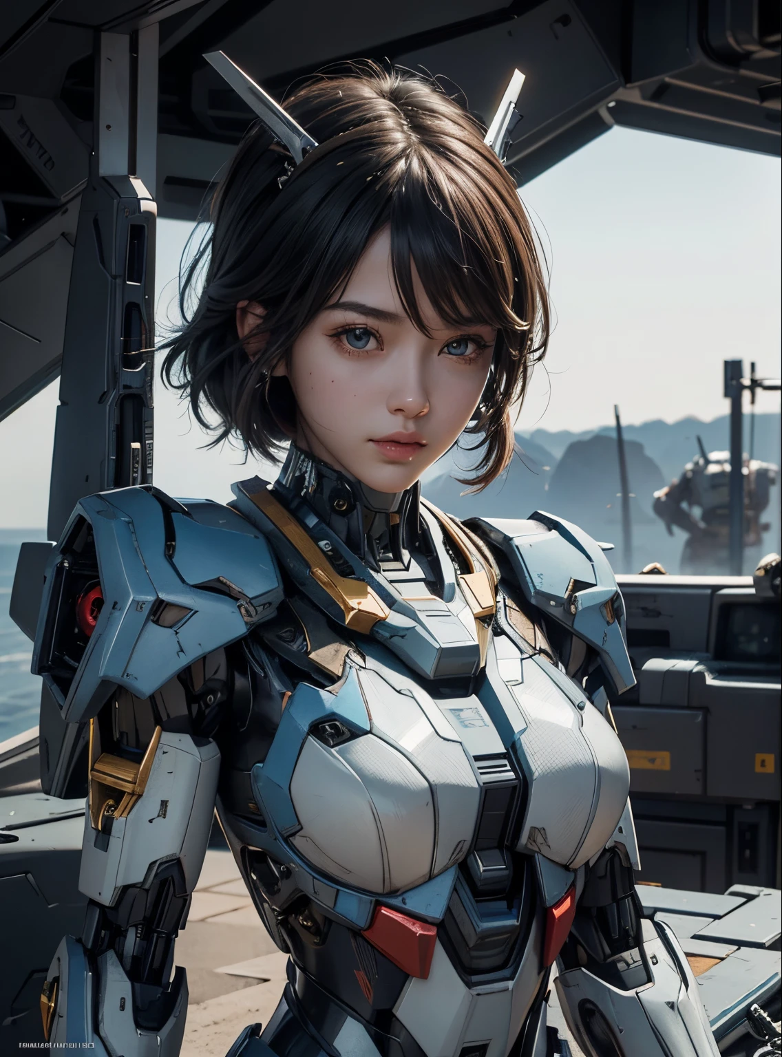 Textured skin, Super Detail, high details, High quality, Best Quality, hight resolution, 1080p, hard disk, Beautiful,(Gundam),beautiful cyborg woman,Mecha Cyborg Girl,Battle Mode,Girl with a Mecha Body,彼女は未来的なGundamメカを身に着けています,Fulll body Shot