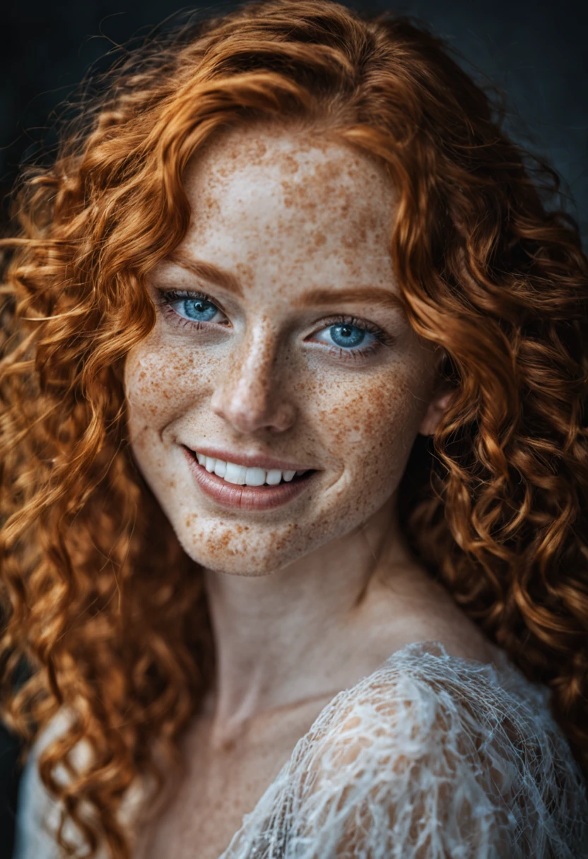 beautiful lady, (freckleig smile, blue eyes, wavy ginger hair, dark makeup, hyperdetailed photography, soft light, head and shoulders portrait, cover