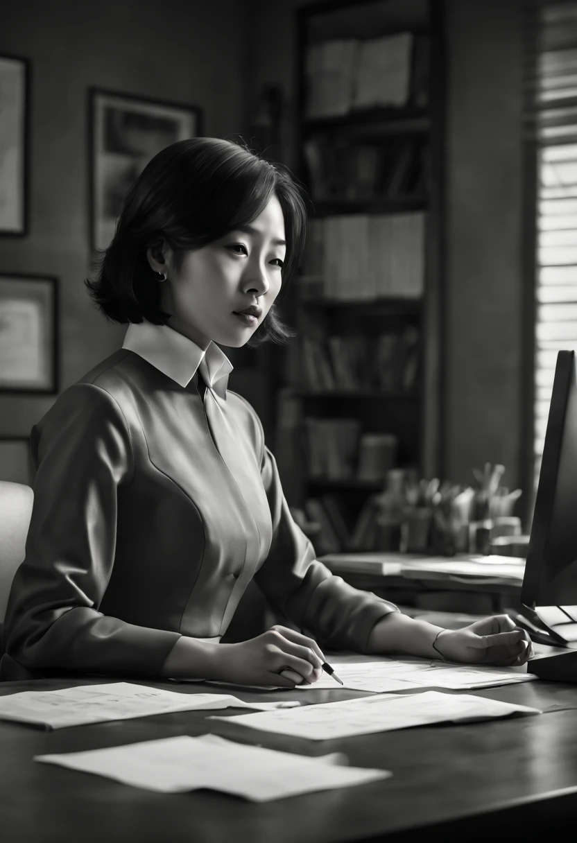 Capture the ethereal of light and shadow in a stunning monochromatic photograph with selective color details of Asian office lady with bob_out, revealing the hidden poetry of sorting desk files, computer, (realistic, photorealistic, RAWphoto:1.4), octane render, (best quality, masterpiece, Representative work, official art, Professional, unity 8k wallpaper:1.3)