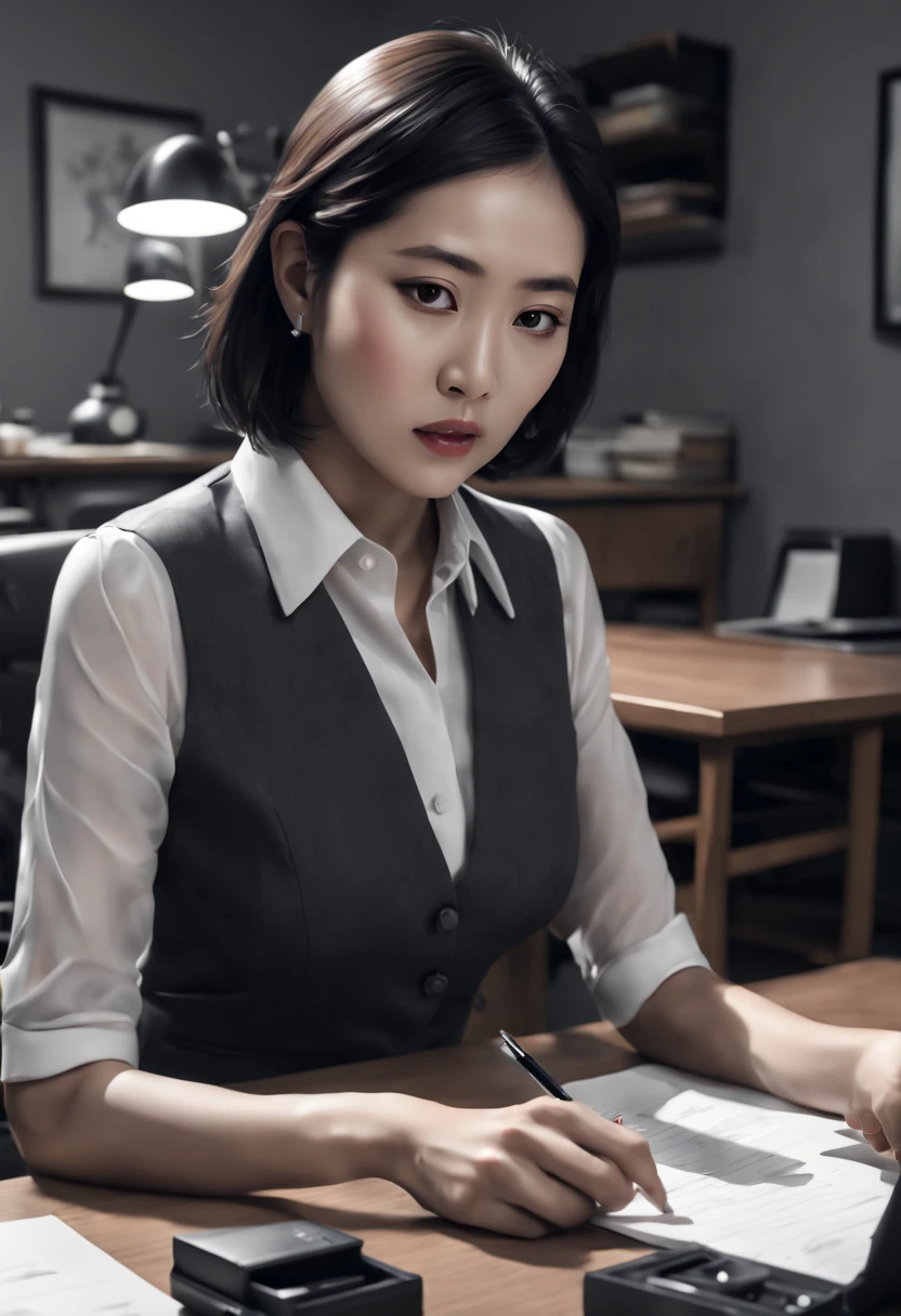 Capture the ethereal of light and shadow in a stunning monochromatic photograph with selective color details of Asian office lady with bob_out, revealing the hidden poetry of sorting desk files, computer, (realistic, photorealistic, RAWphoto:1.4), octane render, (best quality, masterpiece, Representative work, official art, Professional, unity 8k wallpaper:1.3)