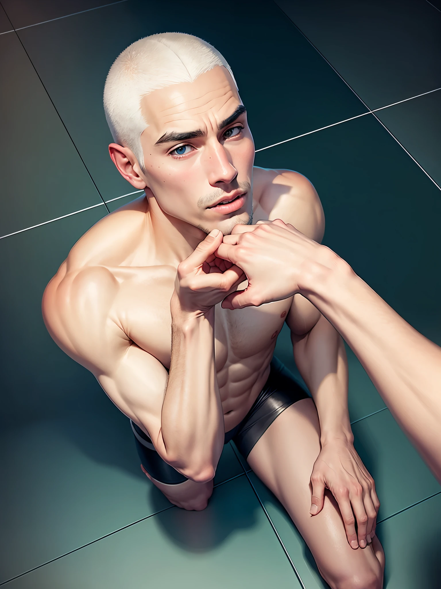 A man stands on one knee. kisses the hand, guy with white long hair.