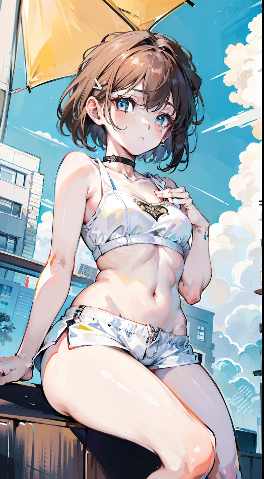Kaihara,Brown hair,Extremely detailed eye cuts,
jewely,White yoga crop top,white yoga tight shorts,hands on the chest,ssee-through,looking at viewert,hair adornments,choker necklace,Very shy,
(tmasterpiece,quality,最佳quality,offcial art,Beauty and aesthetics:1.2),(1 sister),extremely detaile,rich colourful,highest details,
(:1.2,)upper part of body,from below,,super short body,squatt,city with legs apart,the street, tilt, Murree, suns, clouds,The details of the eyes are super delicate,s delicate face