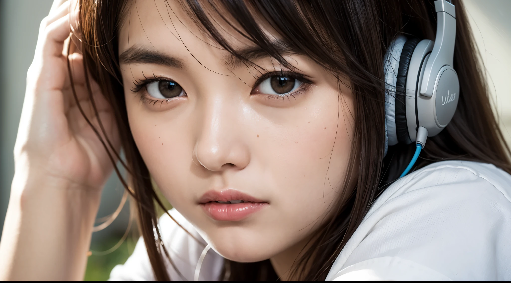 32k, best quality, masterpiece, realistic, ultra detail, photography, HDR, ROW photo, high res, absurd res, smoother light, official art, depth of field, brightening light, close-up, slender, finely detailed face, angry, beautiful details eyes, hearing music with headphones, 19years old Korean, pretty, best quality real texture skin, t-shirts,