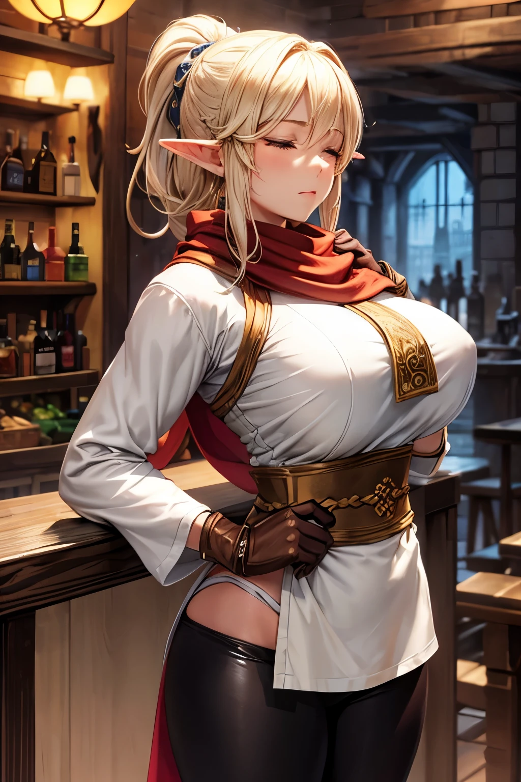 elf,ponytail,blonde hair,monk,leggings,white short sweater,fantasy,medieval,brown gloves,punch,1girl,solo,scarf,big breast,lady,close eyes,muscular,ladyboy,bar