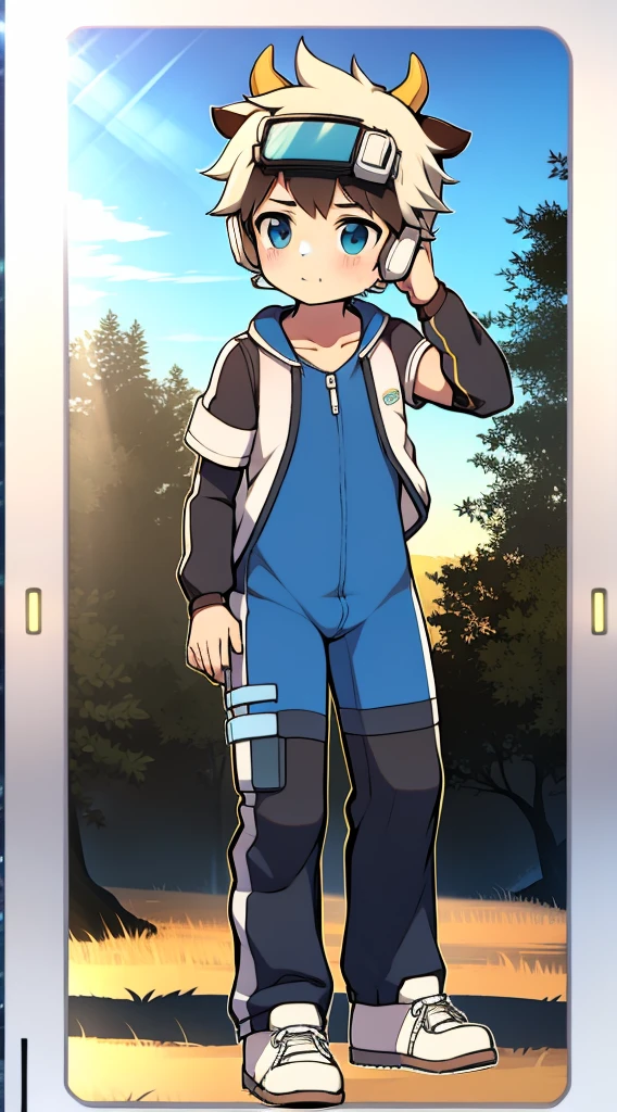 Two-dimensional boy Shota，One-piece hiking suit，Wear the headphones on your head，Stood up，protective goggles，cow horn，Cow ears，athletic sneakers