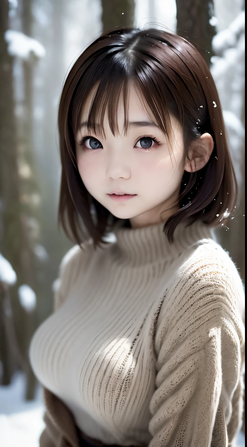 in the snowy Forest, japanaese girl, winter knit sweater, yuki, PUPILS SPARKLING, Brown Short Hair, Big Breast, Realistic portrait, depth oF Field, F/1.8, Anatomically correct, Textured skin, Super Detail, high details, High quality, Super Detail, high details, High quality, Best Quality, hight resolution