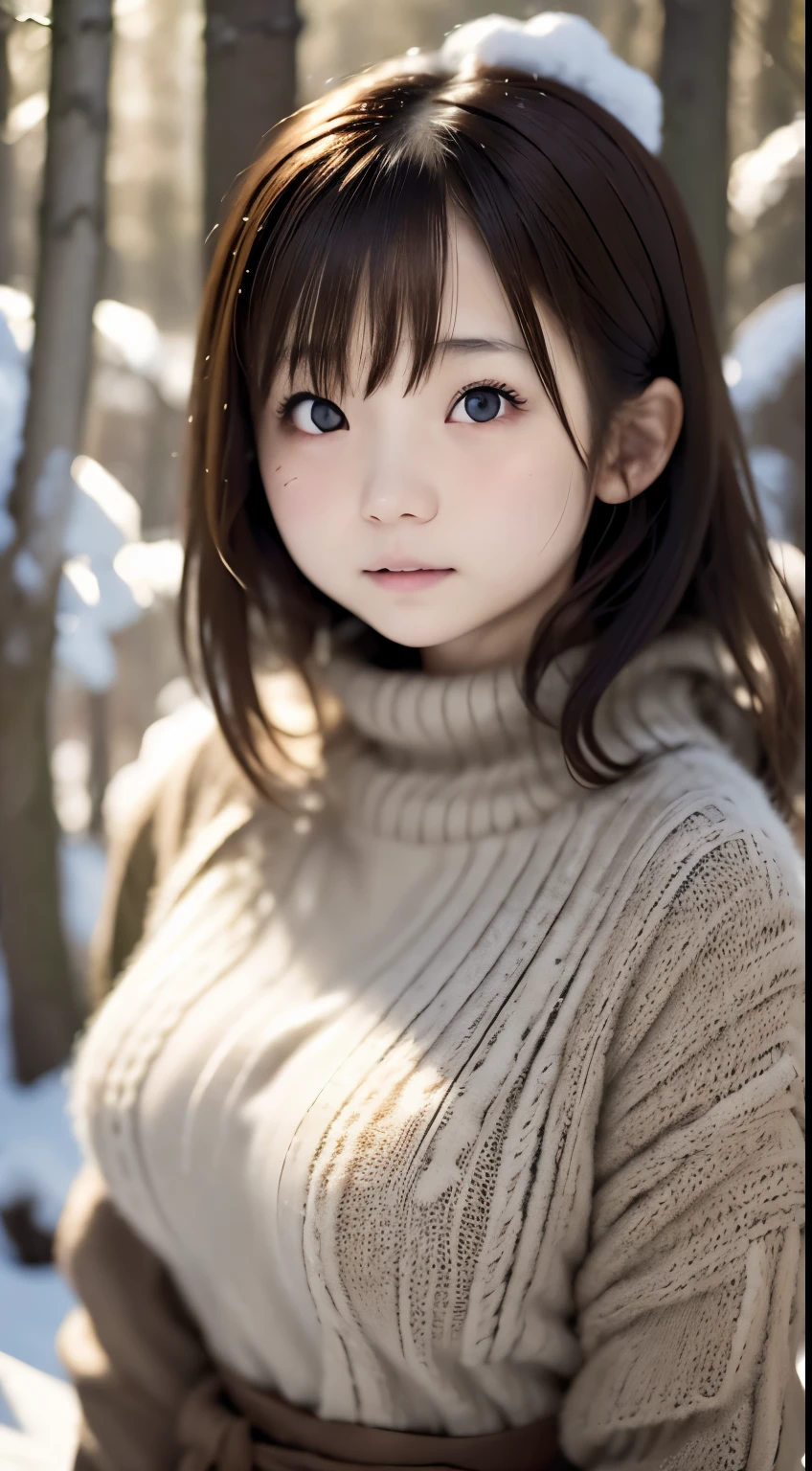 in the snowy Forest, japanaese girl, winter knit sweater, yuki, PUPILS SPARKLING, Brown Short Hair, Big Breast, Realistic portrait, depth oF Field, F/1.8, Anatomically correct, Textured skin, Super Detail, high details, High quality, Super Detail, high details, High quality, Best Quality, hight resolution