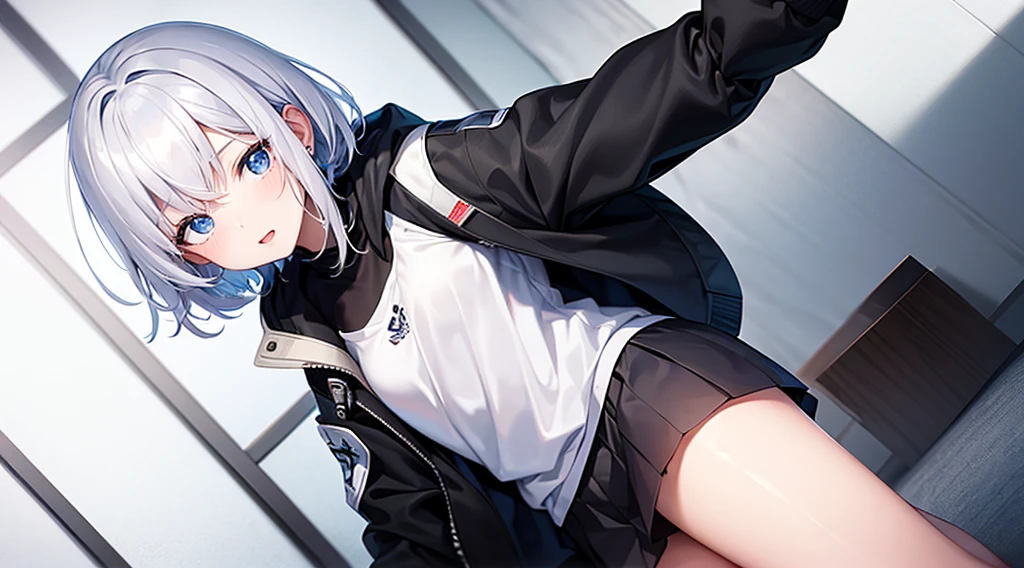 Ultra-high image quality,Look at viewers, hands behind back, girl with, 20 years old, Very short hair, long bangs between eyes, blue eyess,Black eyes, Hoodie, Skirt , Extremely detailed,(masterpiece、top-quality),White hair、A smile、Fantastical, Silver hair,, Hoodie, White hoodie,a black skirt,Hair is short,White jacket, Casual style,Open jacket, , look down from above、open open mouth、5 fingers、inside in room、sleeps in a bed、