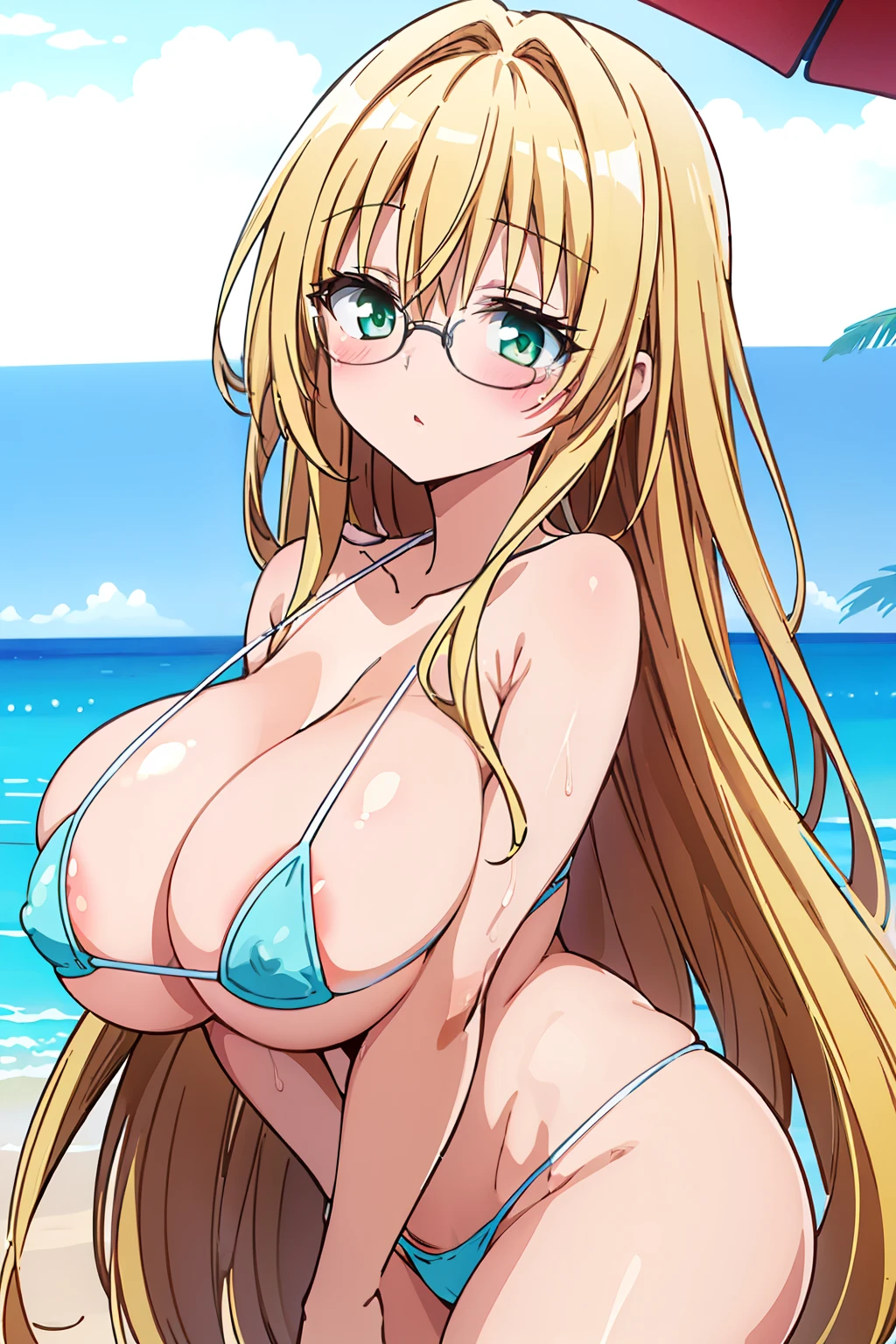 nsfw, best quality, high resolution, beach, (huge breasts:1.3), tearju lunatique, blonde hair, green eyes, hair intakes, long hair, low-tied long hair, glasses, micro bikini, blush, embarrassed, (white micro bikini:1.2), cowboy shot, looking at viewer, (from side:0.8)