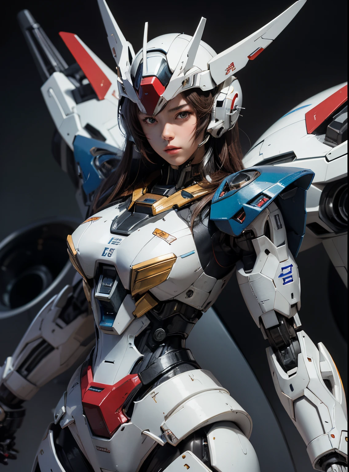 Textured skin, Super Detail, high details, High quality, Best Quality, hight resolution, 1080p, hard disk, Beautiful,(Gundam),beautiful cyborg woman,Mecha Cyborg Girl,Battle Mode,Girl with a Mecha Body,彼女は未来的なGundamメカを身に着けています,See the big picture