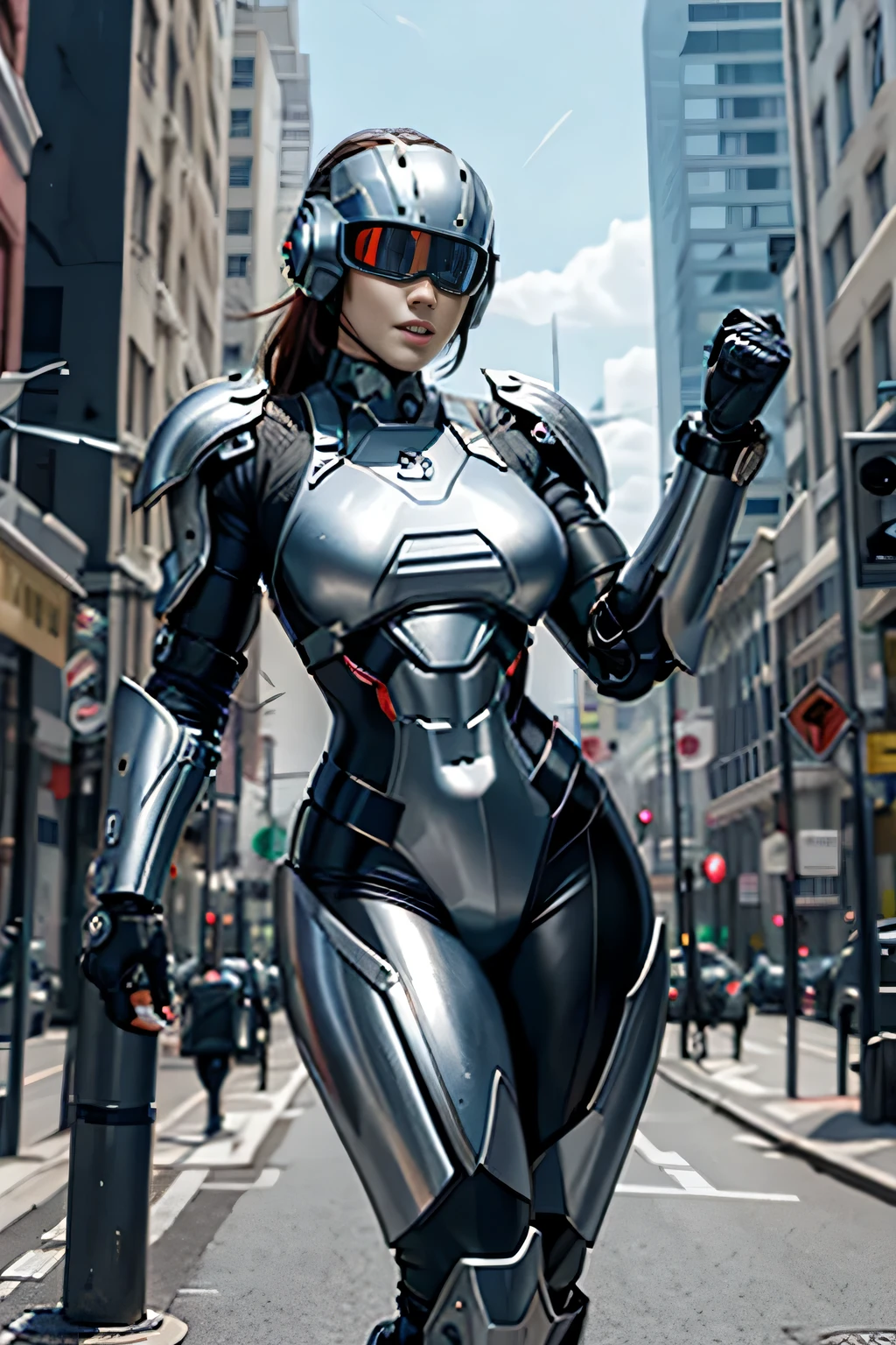 female robocop solo、Armor that completely covers the whole body、very large armor、Helmet to hide your eyes、Rainbow Armor、Armor that completely covers the chest、Slender and long legs、Vibrant Posel Body View