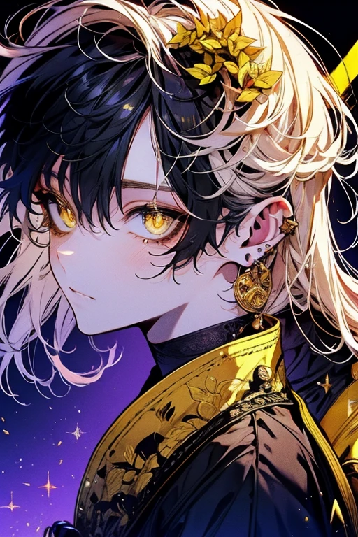(masutepiece), (Best Quality), Highly detailed, 1 boy, Solo Focus, Perfect face, Beautiful face, extra detailed face,(a blond:1.3),(glowing gold eyes:1.4),Black clothe,(long eyeslashes:1.4),facing front