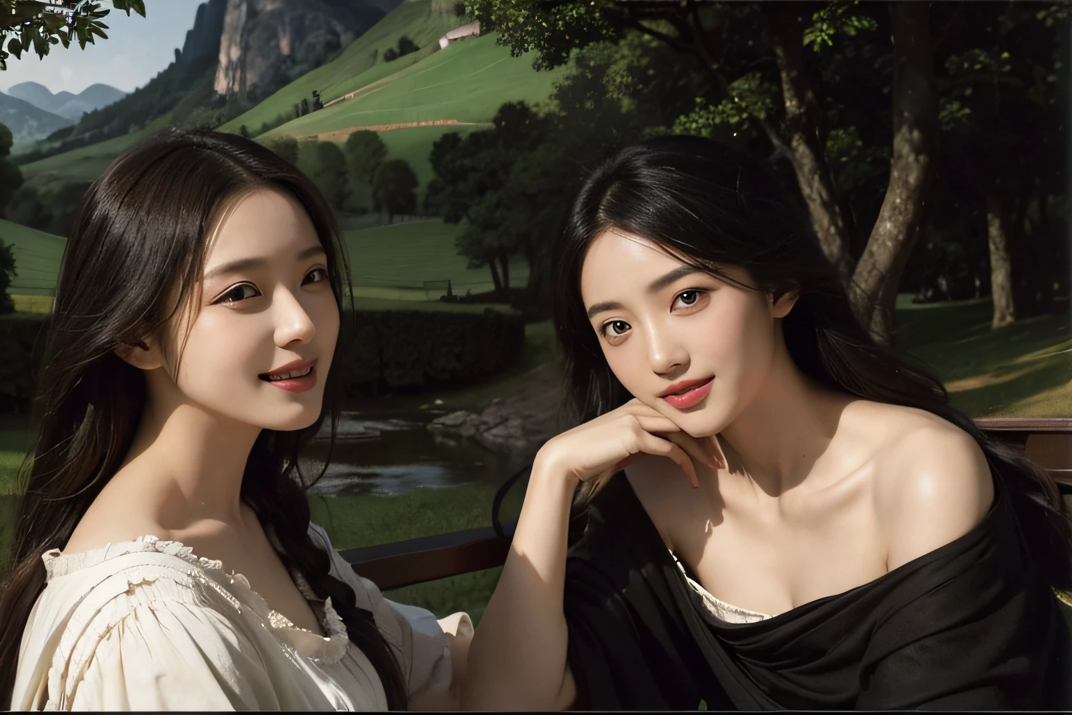 Poussin-style landscape,A smile,,Sweet and seductive appearance.、Caravaggio's paintings、Chiaroscuro of Caravaggio、Hair disheveled in the wind,Two women frolicking,Cute smile, Expression of ecstasy,A sexy,erotick