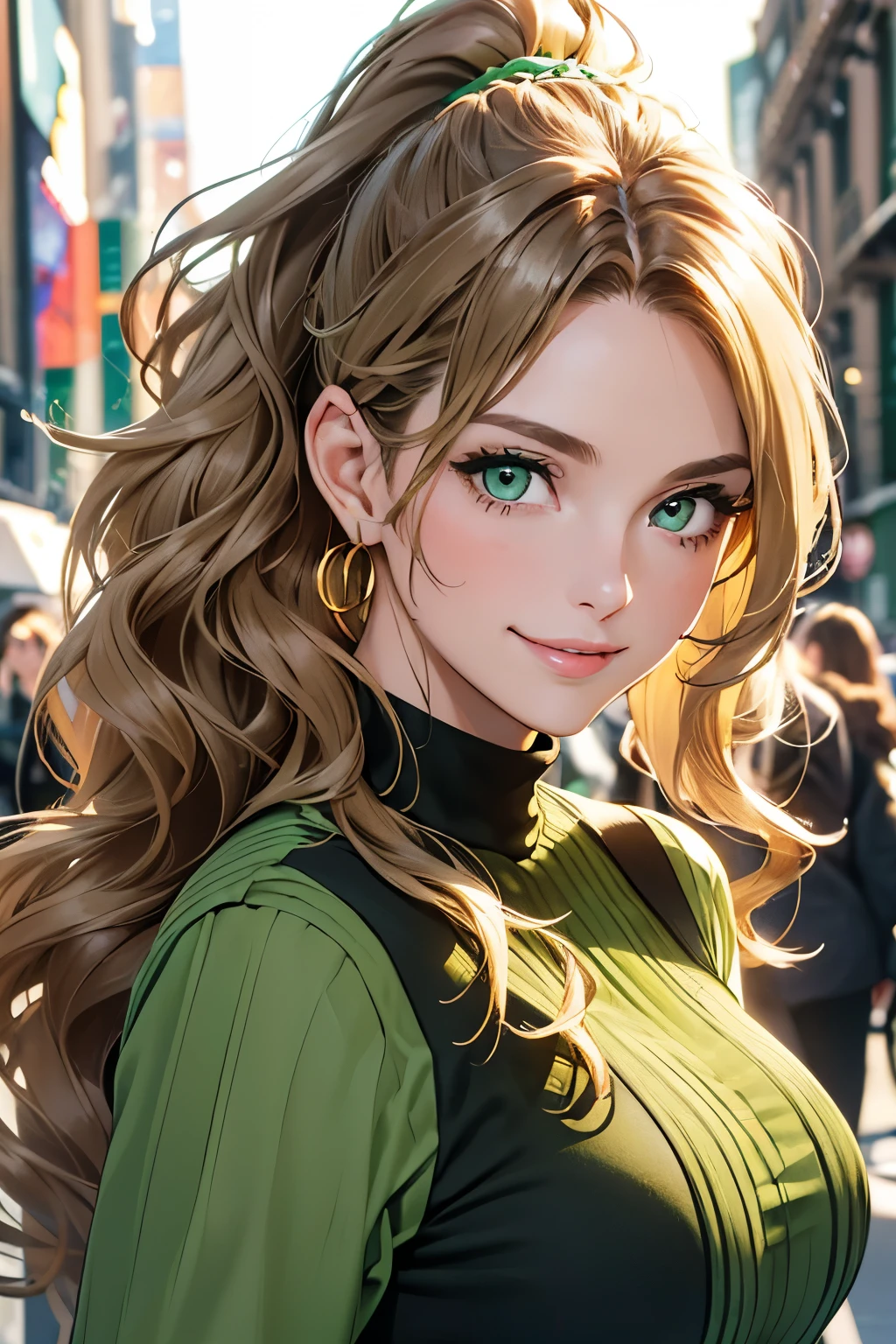 best quality, masterpiece, high resolution, Female((30-years old)), hair((Wavy, Golden brown)), Eyes((smart Eyes, Green)), sexy Clothes((New York Fashion Week, light yellow)), Smiling, Breast Out, Ponytail, Accessories, bare shoulder