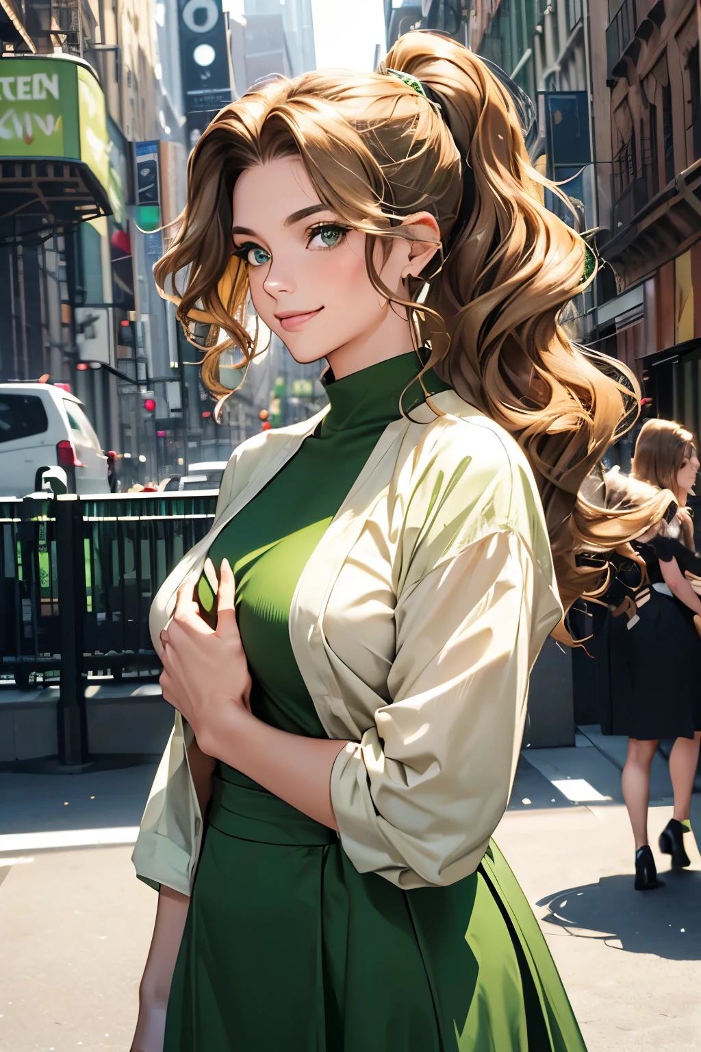 Female((30-years old)), hair((Wavy, Golden brown)), Eyes((smart Eyes, Green)), Clothes((New York Fashion Week, light Green)),  Smiling, Breast Out, Ponytail, Accessories,