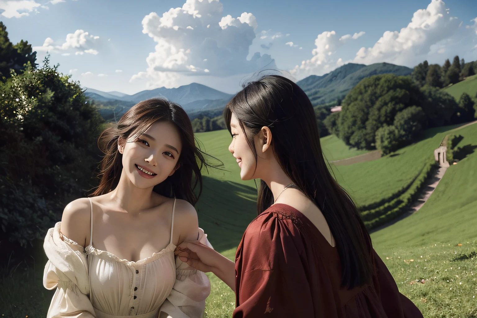 Poussin-style landscape,A smile,,Sweet and seductive appearance.、Caravaggio's paintings、Chiaroscuro of Caravaggio、Hair disheveled in the wind,Two women frolicking,Cute smile, Expression of ecstasy,A sexy,erotick