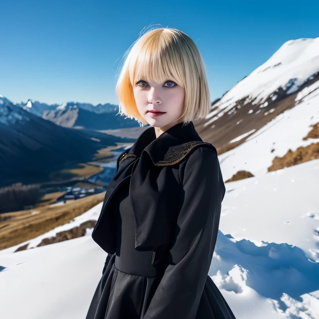 A girl with short yellow hair and golden eyes, the color of her vampire body, a black dress, and snow mountains