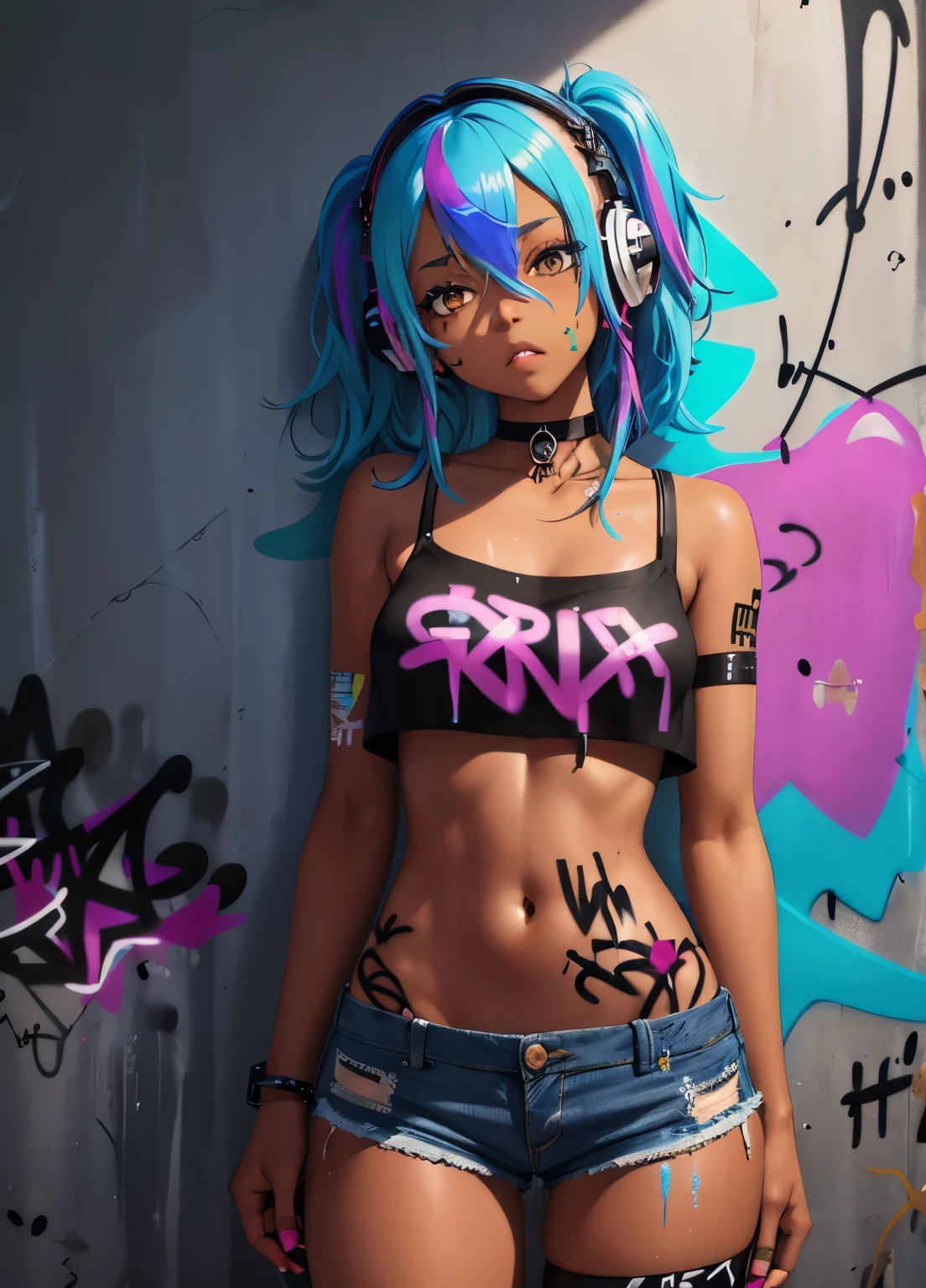 dark skinned, masterpiece, best quality, 1girl, solo, crop top, denim shorts, choker, (graffiti:1.5), paint splatter, arms behind back, against wall, looking at viewer, armband, thigh strap, paint on body, head tilt, bored, multicolored hair, aqua eyes, headset,