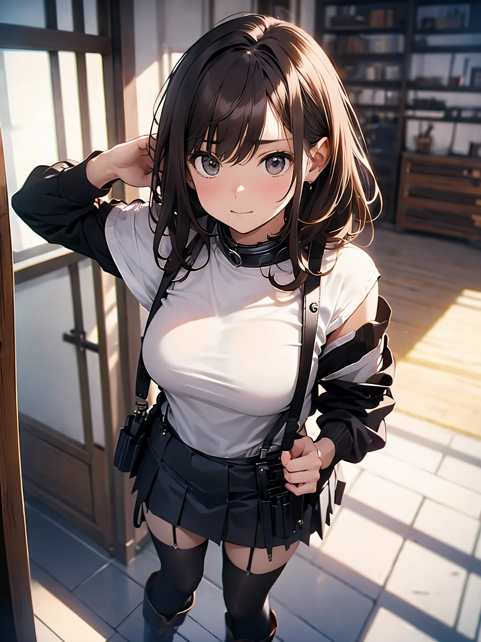 Brown hair、watching at viewers black suspenders bulging big tits walls: Black miniskirt garters Gaze a small face bangss holster Beautuful Women Hands up レッグholster ベッドに横たわる Gaze black boots panty shot Provocation flank flank汗 Soio Arms are tilted Painful face