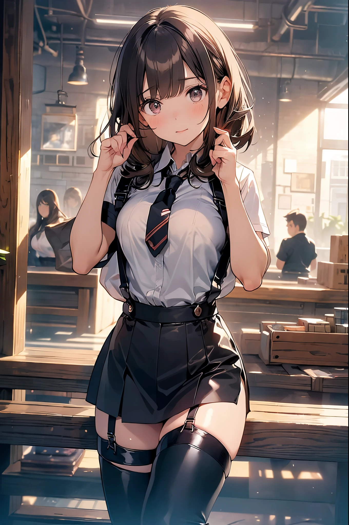 Brown Hair、Looking at the audience suspenders bulging big breasts Black mini skirt garter belt Knee-high socks sight Small face bangs beauty Show your hand sight Black boots Taunt Armpit sweat One person Put your hands behind your back Dress shirt Panty shot