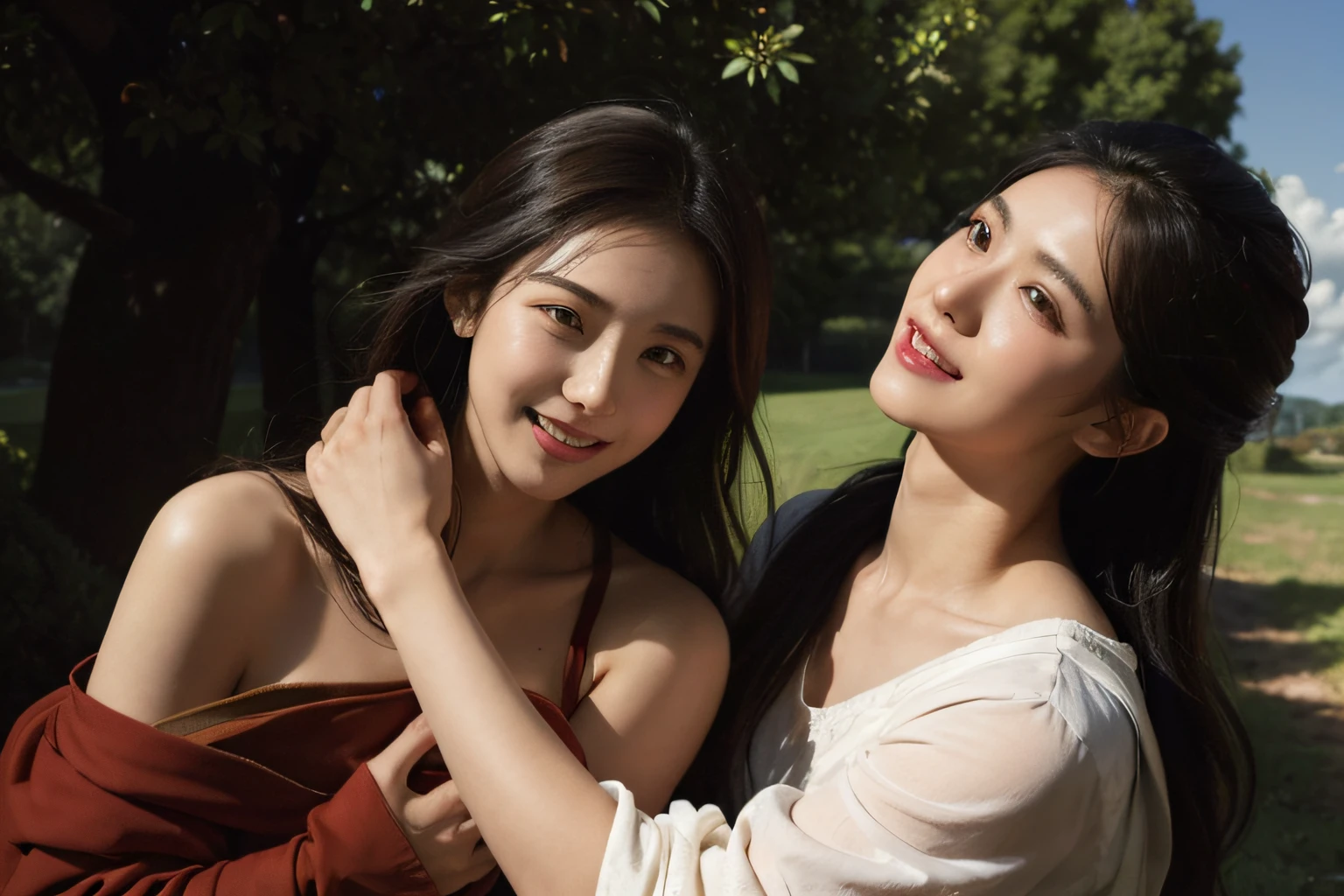 Poussin-style landscape,A smile,,Sweet and seductive appearance.、Caravaggio's paintings、Chiaroscuro of Caravaggio、Hair disheveled in the wind,Two women frolicking,Cute smile, Expression of ecstasy,A sexy,erotick