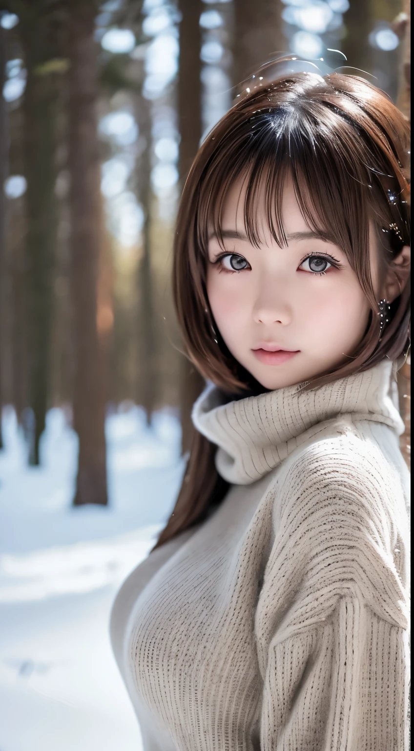 in the snowy Forest, japanaese girl, winter knit sweater, Yuki, PUPILS SPARKLING, Brown Short Hair, Big Breast, Realistic portrait, depth oF Field, F/1.8, Anatomically correct, Textured skin, Super Detail, high details, High quality, Super Detail, high details, High quality, Best Quality, hight resolution
