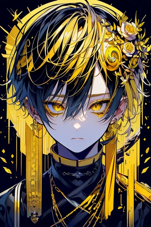 (masutepiece), (Best Quality), Highly detailed, 1 boy, Solo Focus, Perfect face, Beautiful face, extra detailed face,(Yellow hair:1.3),(Shining gold yellow eyes:1.4),Black clothe,(long eyeslashes:1.4)