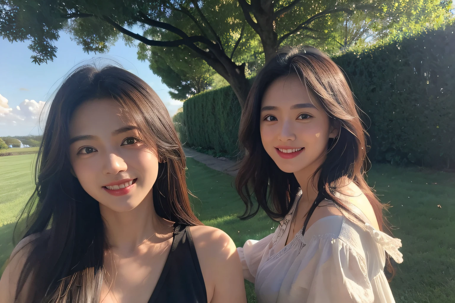 Poussin-style landscape,A smile,,Sweet and seductive appearance.、Caravaggio's paintings、Chiaroscuro of Caravaggio、Hair disheveled in the wind,Two women frolicking,Cute smile, Expression of ecstasy,A sexy,erotick