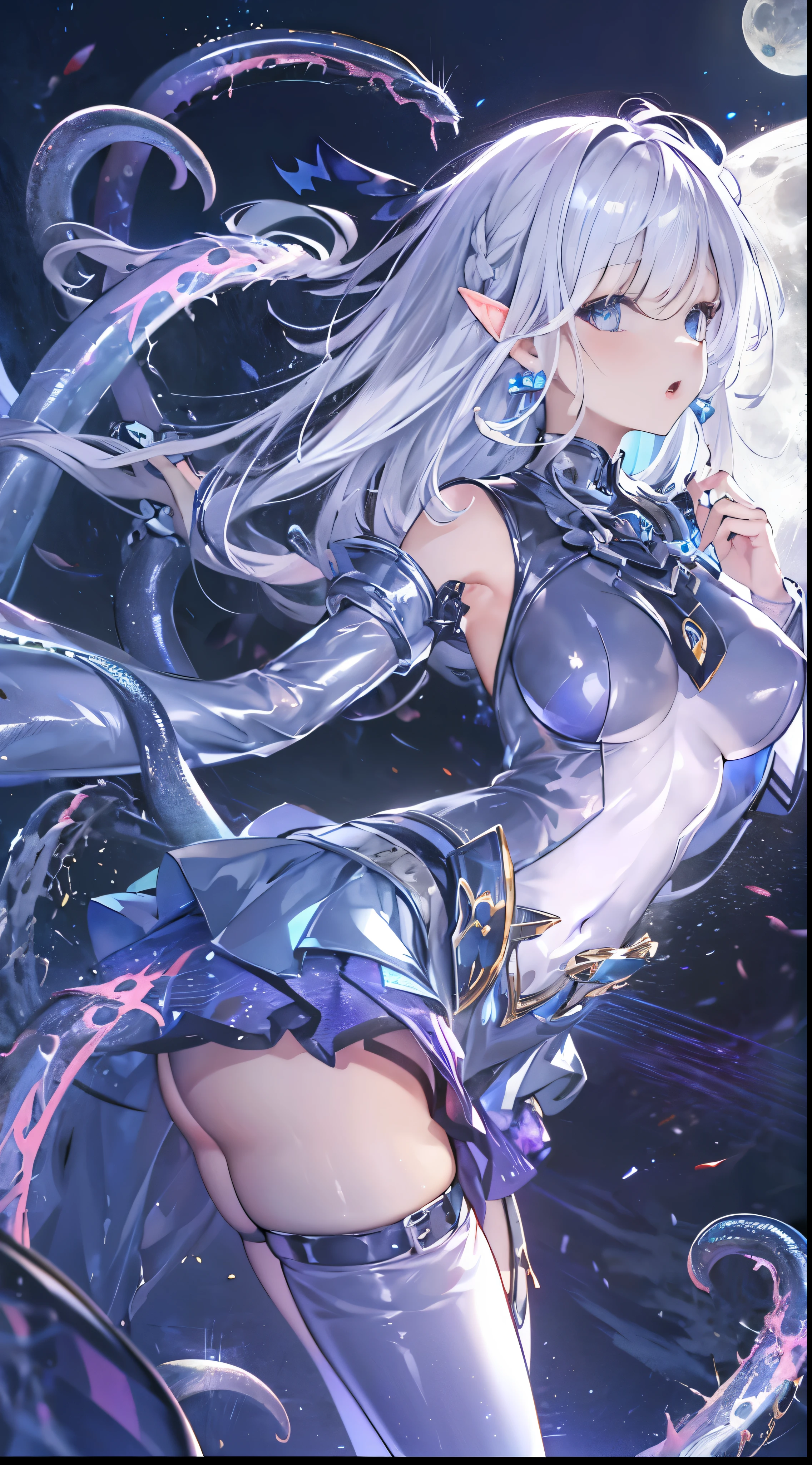 One lady,ars,((White hair) ,((())), ((Normal breasts)), (())(()),(Shiny blue bodysuit with microskirt))),,((Fantasy,Moon Night))(())(Getting by tentacles)