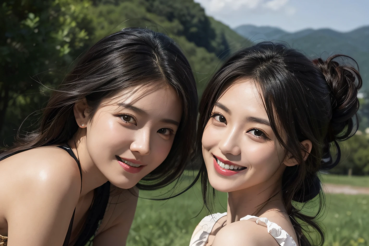 Poussin-style landscape,A smile,,Sweet and seductive appearance.、Caravaggio's paintings、Chiaroscuro of Caravaggio、Hair disheveled in the wind,Two women frolicking,Cute smile, Expression of ecstasy,A sexy,erotick