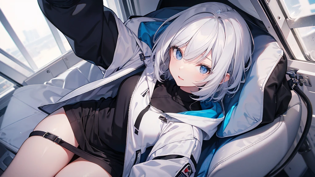 Ultra-high image quality,Look at viewers, hands behind back, girl with, 20 years old, Very short hair, long bangs between eyes, blue eyess,Black eyes, Hoodie, Skirt , Extremely detailed,(masterpiece、top-quality),White hair、A smile、Fantastical, Silver hair,, Hoodie, White hoodie,a black skirt,Hair is short,White jacket, Casual style,Open jacket, , look down from above、open open mouth、5 fingers、inside in room、sleeps in a bed、