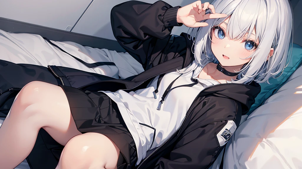 Ultra-high image quality,Look at viewers, hands behind back, girl with, 20 years old, Very short hair, long bangs between eyes, blue eyess,Black eyes, Hoodie, Skirt , Extremely detailed,(masterpiece、top-quality),White hair、A smile、Fantastical, Silver hair,, Hoodie, White hoodie,a black skirt,Hair is short,White jacket, Casual style,Open jacket, , look down from above、open open mouth、5 fingers、inside in room、sleeps in a bed、