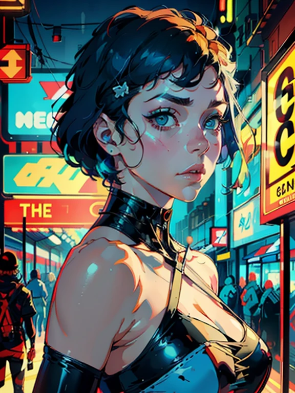 a digital painting of a blue-haired, sexy-looking, cyberpunk art heroine by Josan Gonzalez, winner of the behance contest, afrofuturism, synthwave, neon, glossy neon