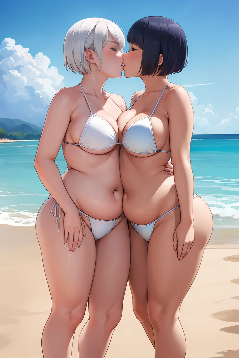 Two plump girls,Kissing on the beach,blue short hair,a white bikini,Large hips