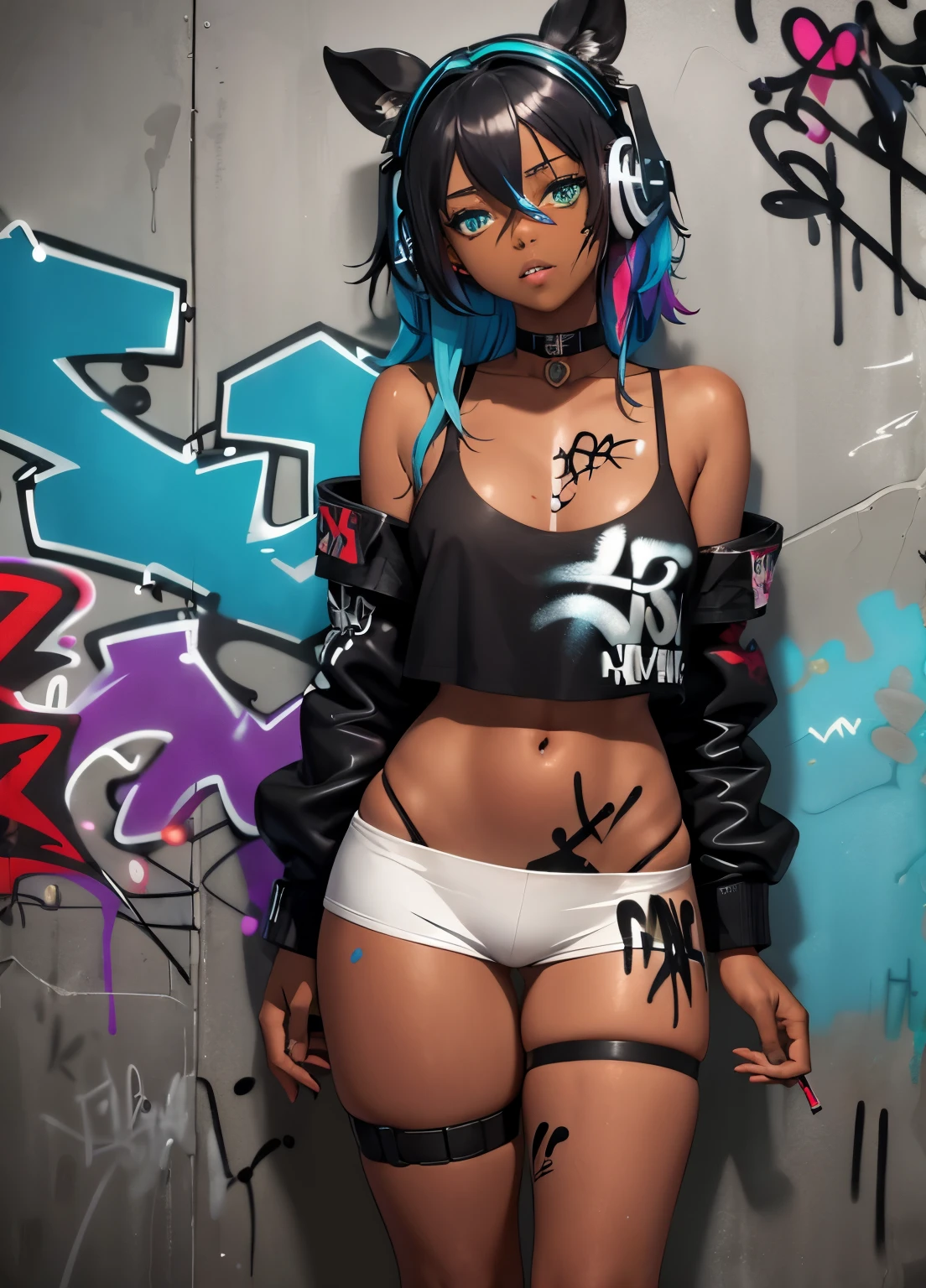 dark skinned, masterpiece, best quality, 1girl, solo, choker, (graffiti:1.5), paint splatter, arms behind back, against wall, looking at viewer, armband, thigh strap, paint on body, head tilt, bored, multicolored hair, aqua eyes, headset,