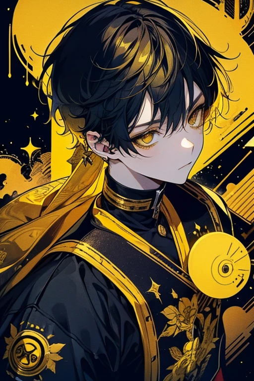 (masutepiece), (Best Quality), Highly detailed, 1 boy, Solo Focus, Perfect face, Beautiful face, extra detailed face,(Yellow hair:1.3),(Shining gold yellow eyes:1.4),Black clothe,(long eyeslashes:1.4)