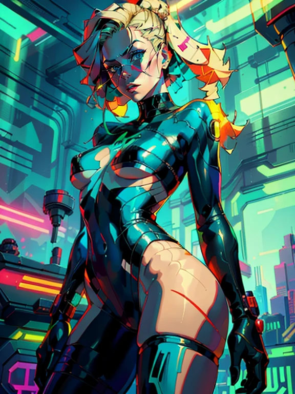 a digital painting of a blonde-haired woman, cyberpunk art by Josan Gonzalez, winner of the behance contest, afrofuturism, synthwave, neon, neon shiny perfect body gorgeous legs