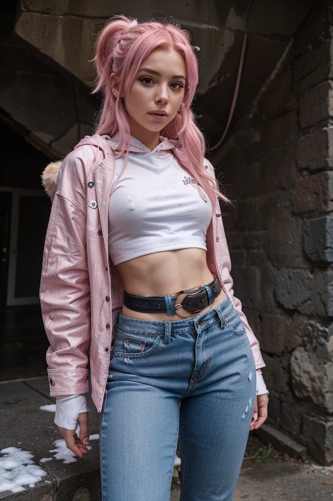 girl with pink hair climbing a mountain , pink messy hair, 1 girl, solo, white shirt, black leather pants, pink fingerless gloves, blue winter denim jacket, camera, red hoodie wraped around waist