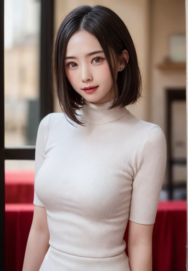 (masutepiece, top-quality、high-detail:1.4、underboob、Fascinating beauty、Add intense highlights to the eyes、Look firmly at the camera:1.4、A beautiful woman full of charm、Ideal ratio body proportions、Perfect Anatomy、Brunette Short Bob Hair、Lustrous hair、bangss:1.4、shiny bangs:1.4、lipgloss),1girl in, report, Light brown shiny hair, muffler,realisitic, looking at the viewers、Tilt your head slightly, Bright colored crystal light blue eyes, short shiny hair、 White turtleneck outfit with a hole in the center of the chest,Sexy white turtleneck knit sweater with a round hole in the middle of the chest、 s lips, lipgloss, The upper part of the body、big eye、Lashes、A little red in the face、Embarrassing)、((italian road in winter))、((short hair with big eyes、Put very strong highlights in your students、{Gigantic|Big|Huge|Mega} breasts:1.4、very Bigger breasts、gazing at viewer、Very beautiful beauty、Put your ears out、long neck、little smiling、Beautiful teeth、Open your mouth and smile、Heart-shaped pupil))、28 year old、Very cute supermodel、