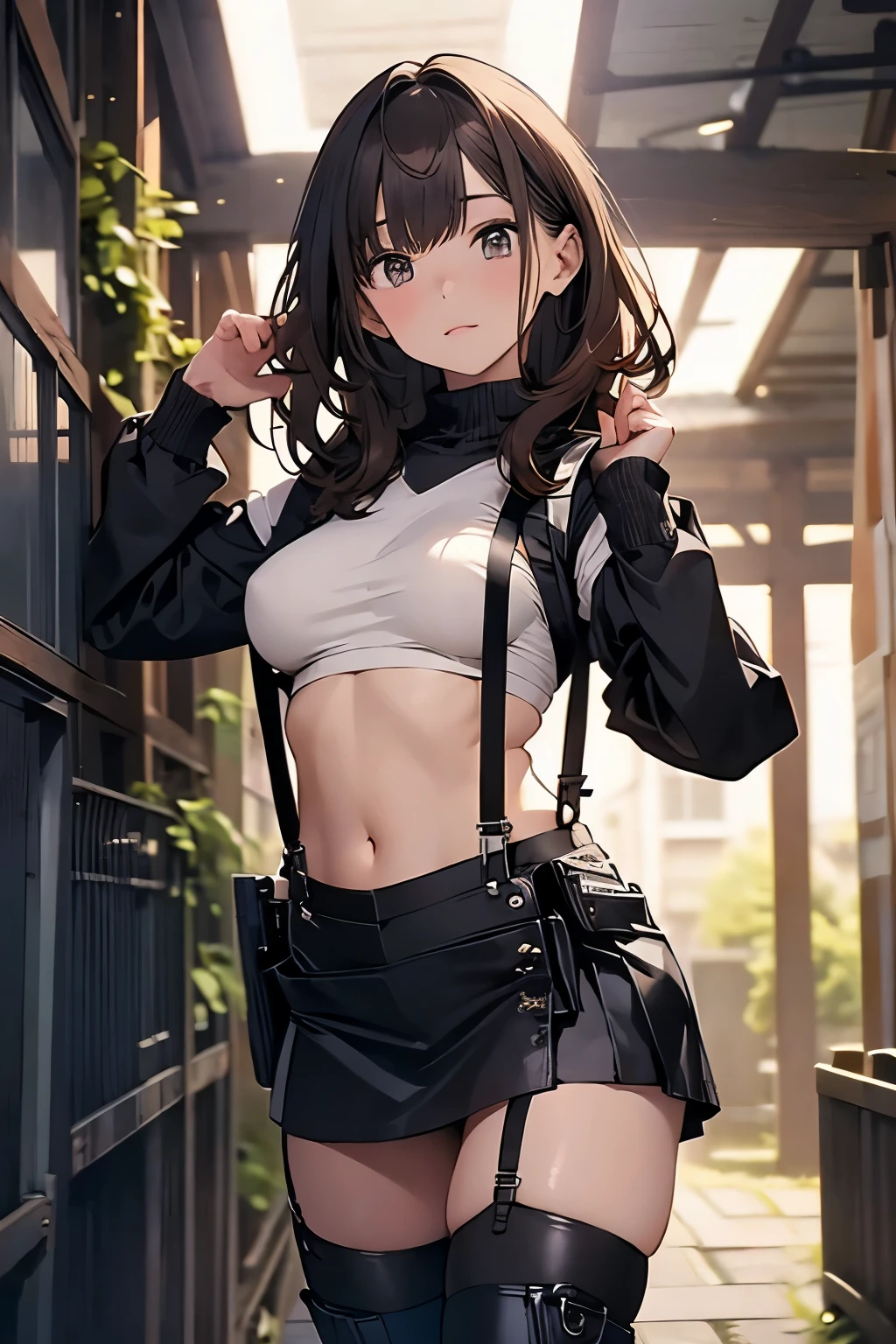 Brown hair、watching at viewers black suspenders Bulging big breasts walls: Black miniskirt garters Gaze Small face bangss holster Beautuful Women hands up レッグholster ベッドに横たわる Gaze black boots panty shot provocation flank flank汗 soio arm
